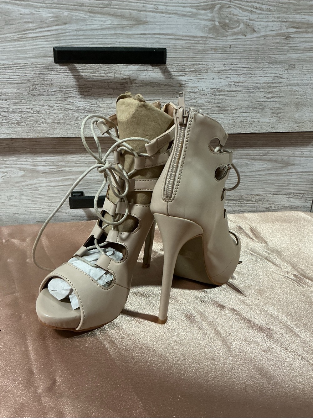 Nude Lace-Up Peep Toe Stiletto Booties